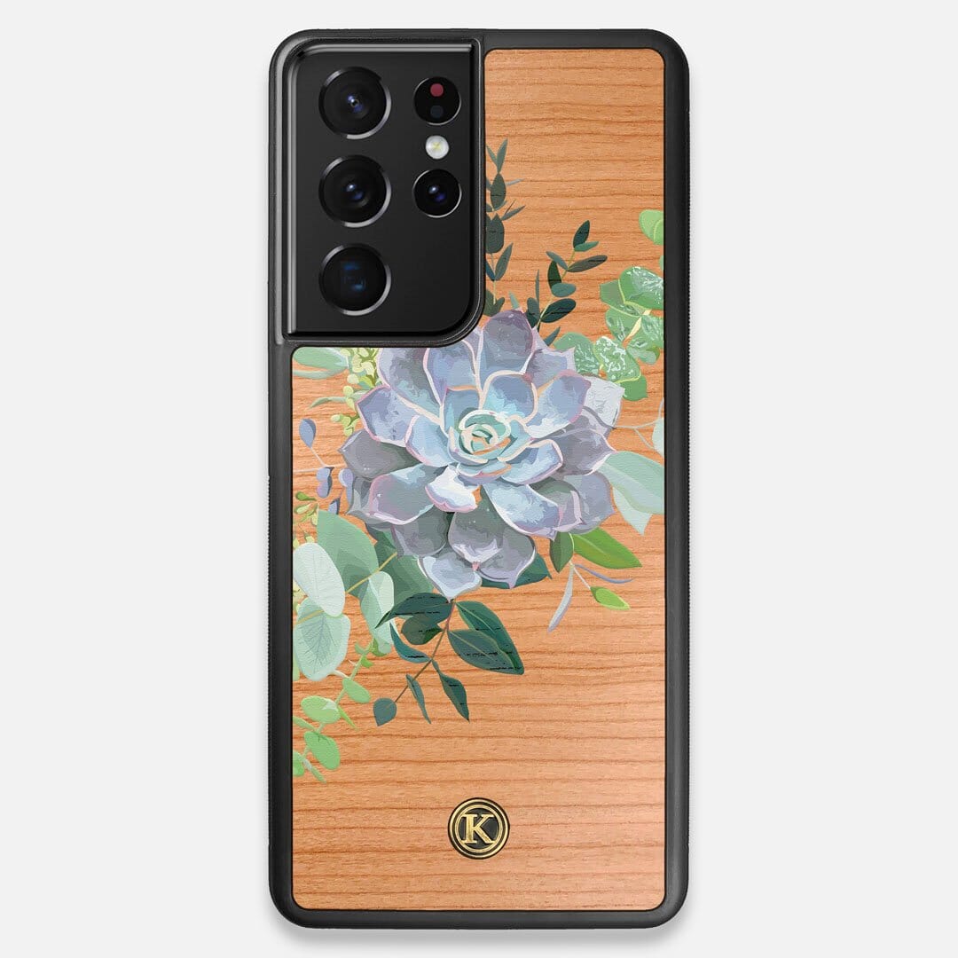 Front view of the print centering around a succulent, Echeveria Pollux on Cherry wood Galaxy S21 Ultra Case by Keyway Designs