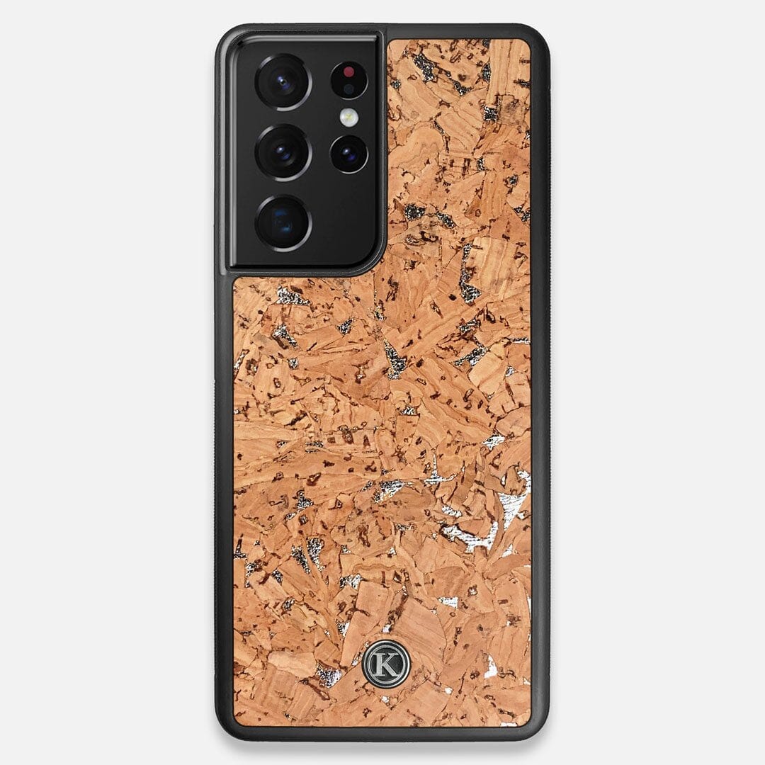 Front view of the silver fleck natural cork Galaxy S21 Ultra Case by Keyway Designs