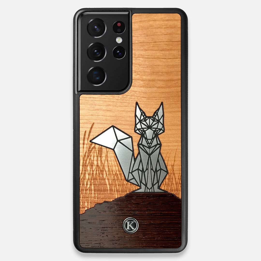 Front view of the Silver Fox & Cherry Wood Galaxy S21 Ultra Case by Keyway Designs