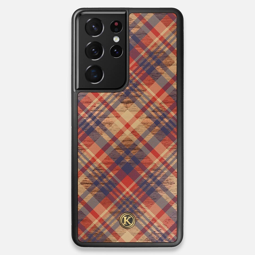 Front view of the Tartan print of beige, blue, and red on Walnut wood Galaxy S21 Ultra Case by Keyway Designs