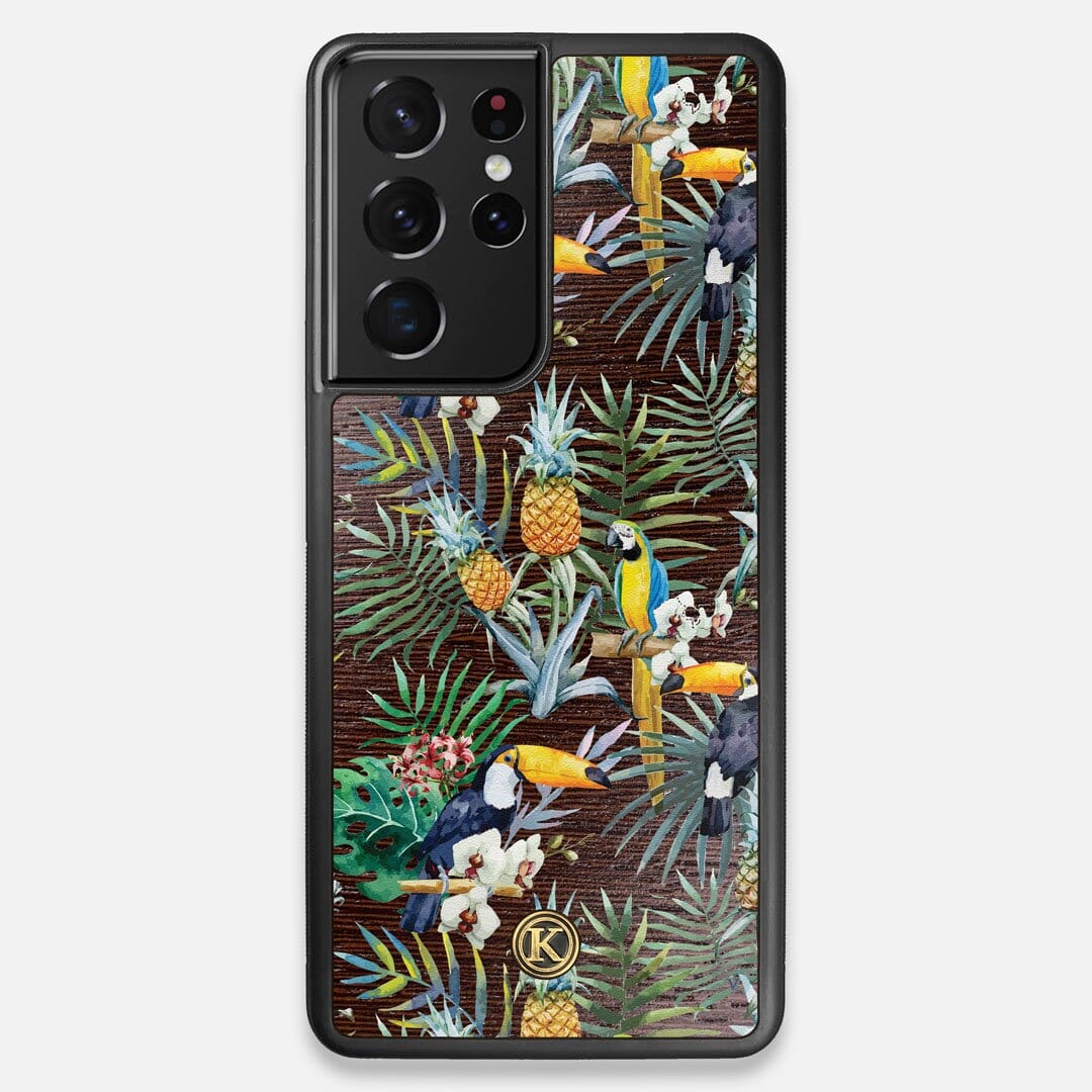 Front view of the Tropic Toucan and leaf printed Wenge Wood Galaxy S21 Ultra Case by Keyway Designs