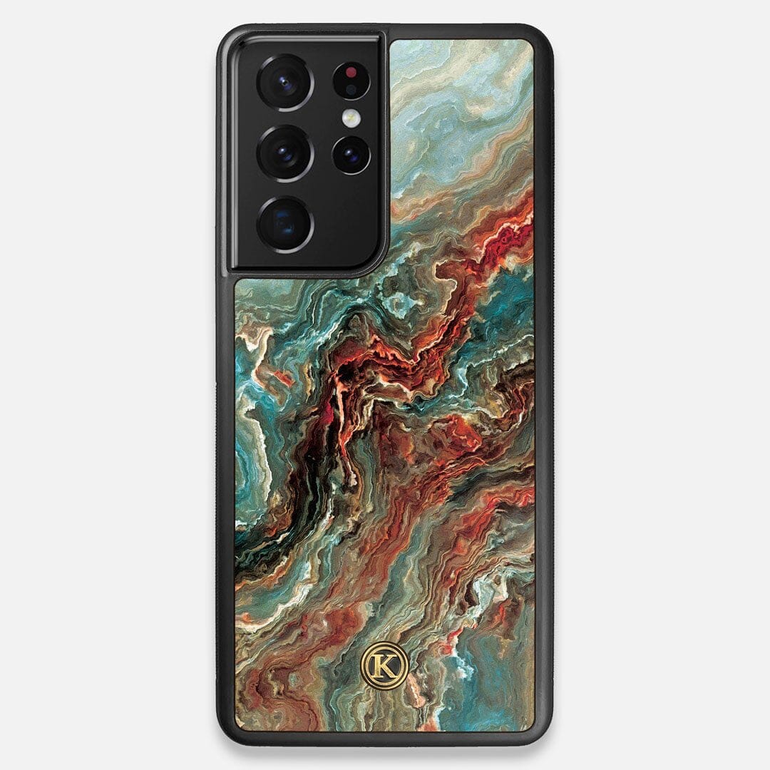 Front view of the vibrant and rich Red & Green flowing marble pattern printed Wenge Wood Galaxy S21 Ultra Case by Keyway Designs