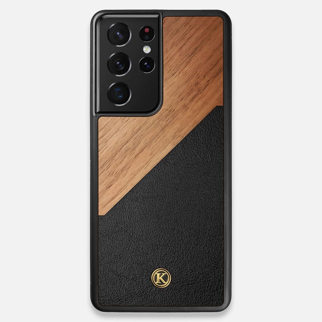 Front view of the Walnut Rift Elegant Wood & Leather Galaxy S21 Ultra Case by Keyway Designs
