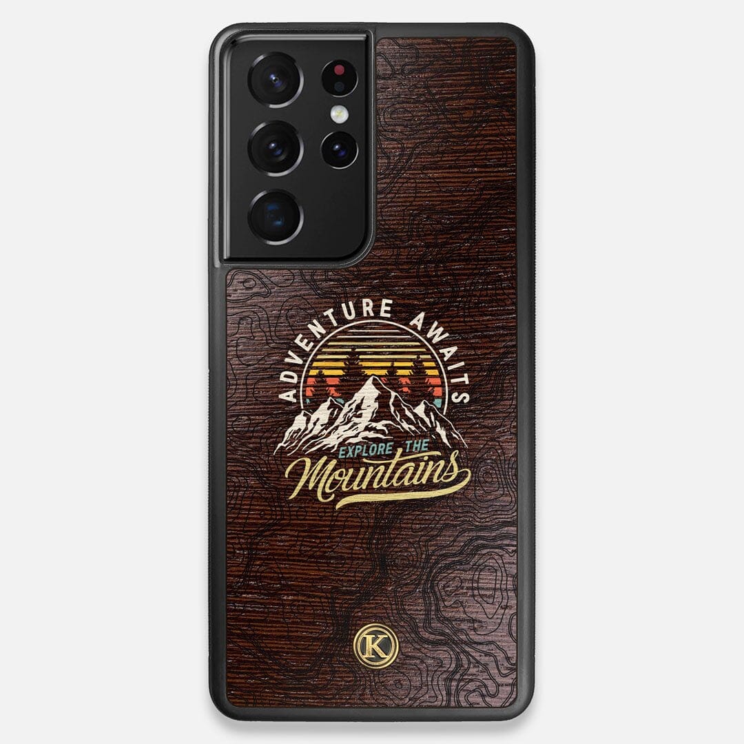Front view of the crisp topographical map with Explorer badge printed on wenge wood Galaxy S21 Ultra Case by Keyway Designs