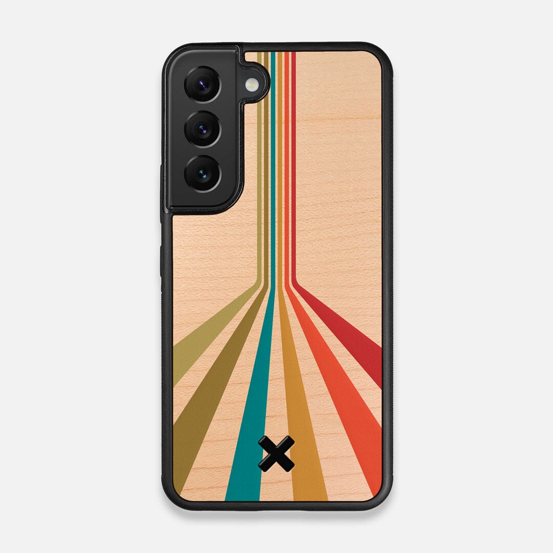 Front view of the array of colour beams splitting across the case printed on Maple wood Galaxy S22 Case by Keyway Designs