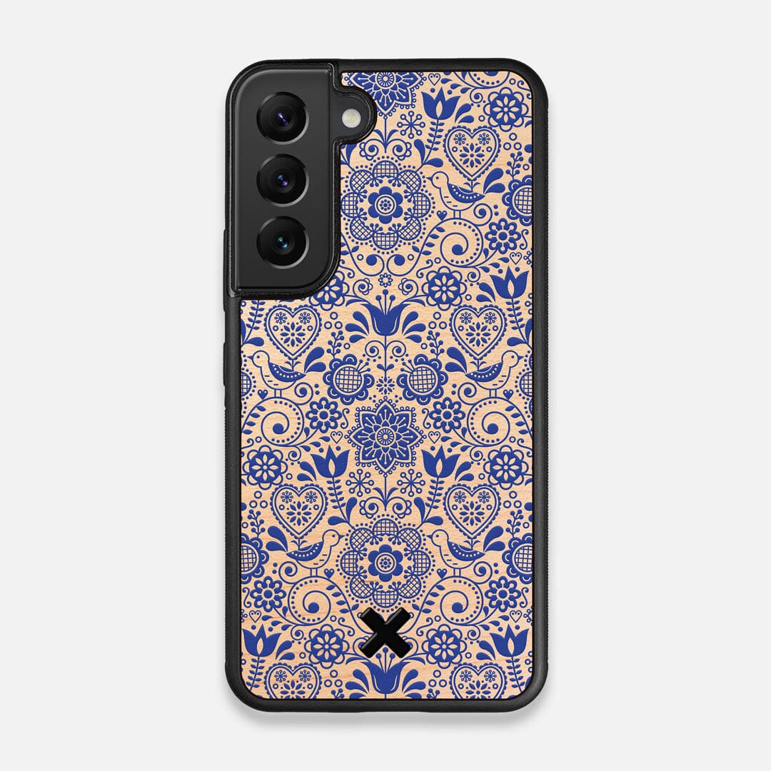 Front view of the blue floral pattern on maple wood Galaxy S22 Case by Keyway Designs