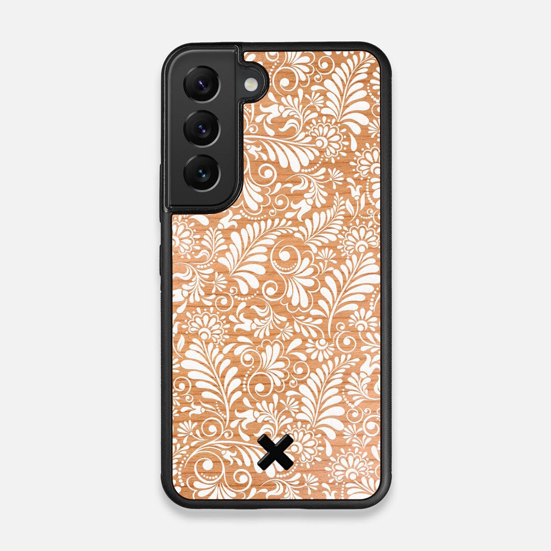 Front view of the white ink flowing botanical print on Cherry wood Galaxy S22 Case by Keyway Designs