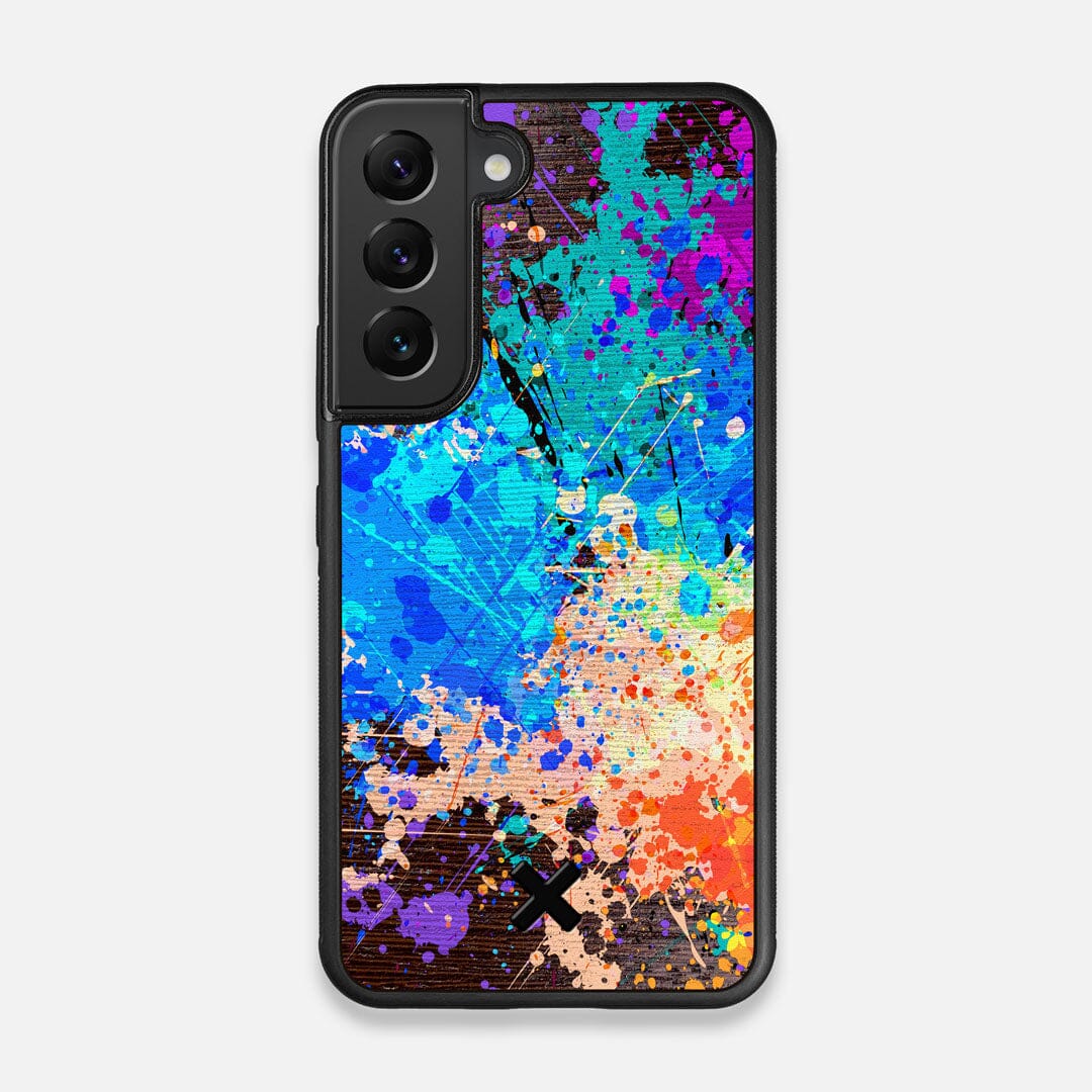 Front view of the realistic paint splatter 'Chroma' printed Wenge Wood Galaxy S22 Case by Keyway Designs