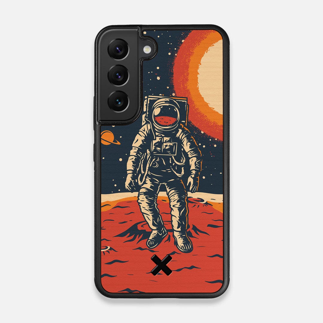 Front view of the stylized astronaut space-walk print on Cherry wood Galaxy S22 Case by Keyway Designs