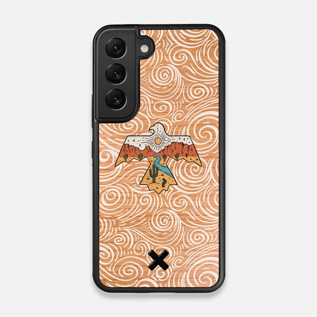 Front view of the double-exposure style eagle over flowing gusts of wind printed on Cherry wood Galaxy S22 Case by Keyway Designs