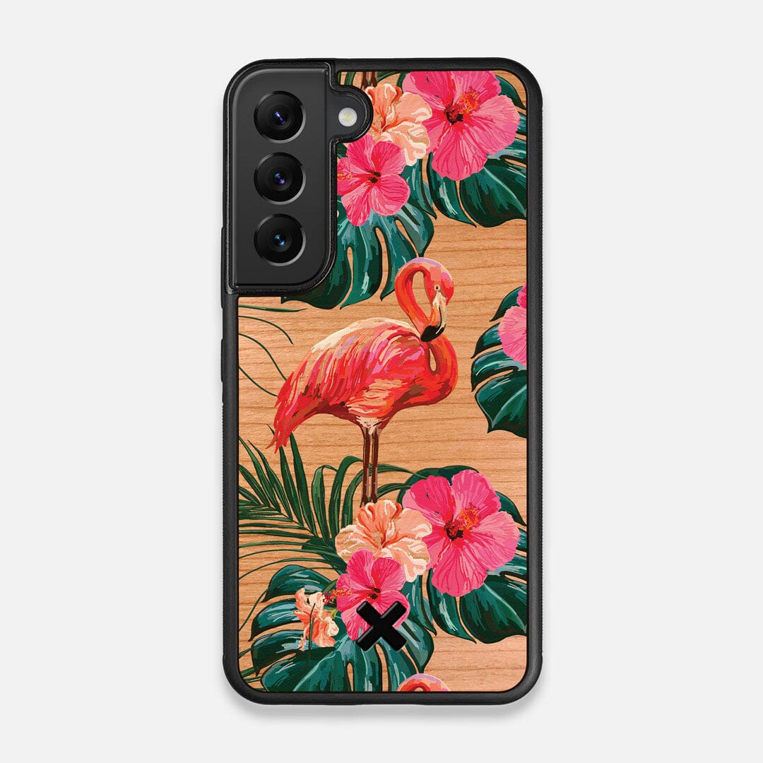 Front view of the Flamingo & Floral printed Cherry Wood Galaxy S22 Case by Keyway Designs