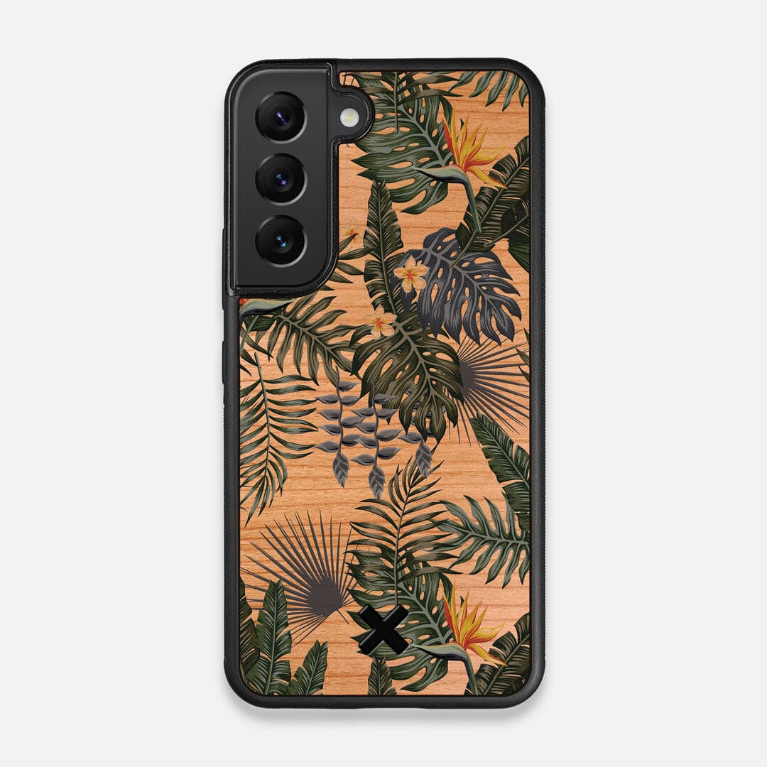 Front view of the Floral tropical leaf printed Cherry Wood Galaxy S22 Case by Keyway Designs