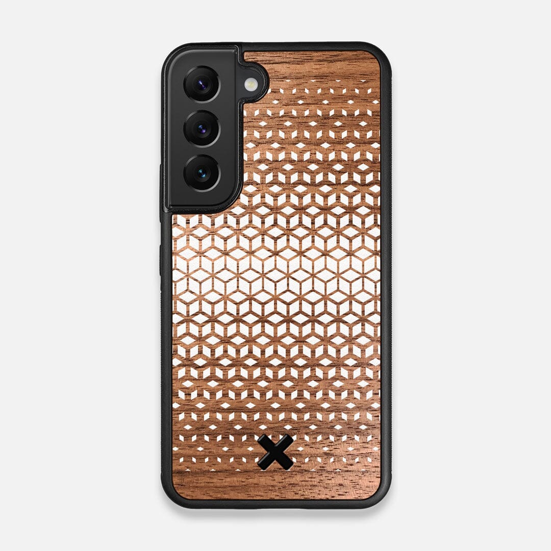Front view of the white ink geometric gradient printed on Walnut wood Galaxy S22 Case by Keyway Designs
