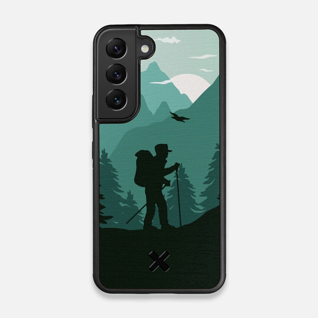 Front view of the stylized mountain hiker print on Wenge wood Galaxy S22 Case by Keyway Designs