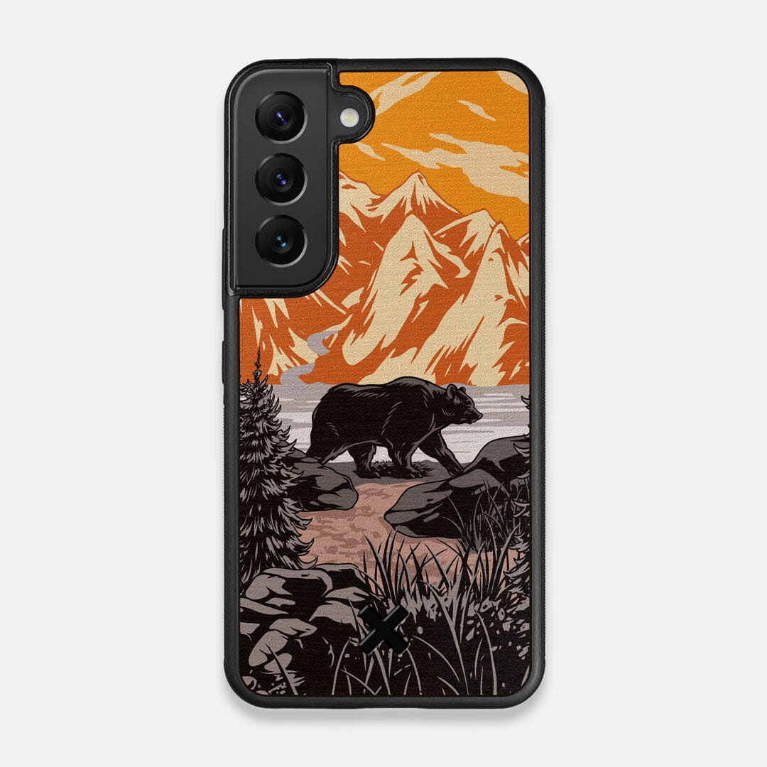 Front view of the stylized Kodiak bear in the mountains print on Wenge wood Galaxy S22 Case by Keyway Designs