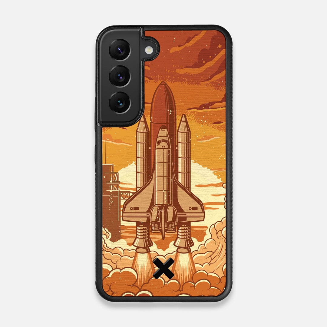 Front view of the vibrant stylized space shuttle launch print on Wenge wood Galaxy S22 Case by Keyway Designs