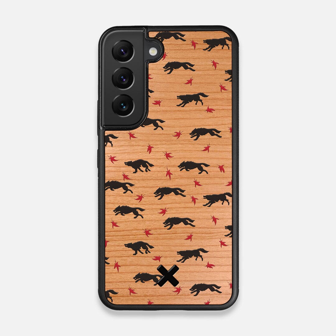 Front view of the unique pattern of wolves and Maple leaves printed on Cherry wood Galaxy S22 Case by Keyway Designs