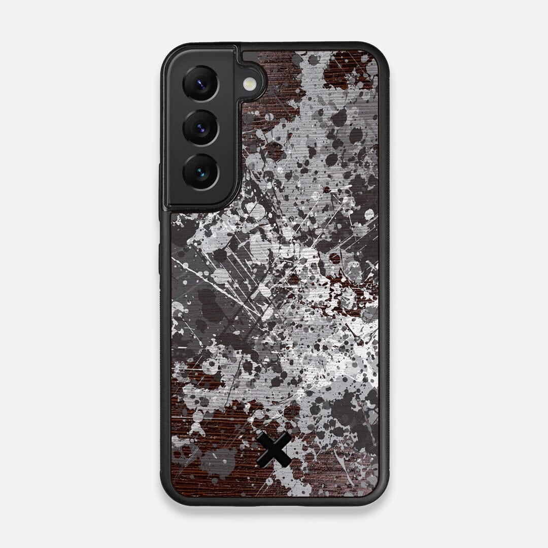 Front view of the aggressive, monochromatic splatter pattern overprintedprinted Wenge Wood Galaxy S22 Case by Keyway Designs