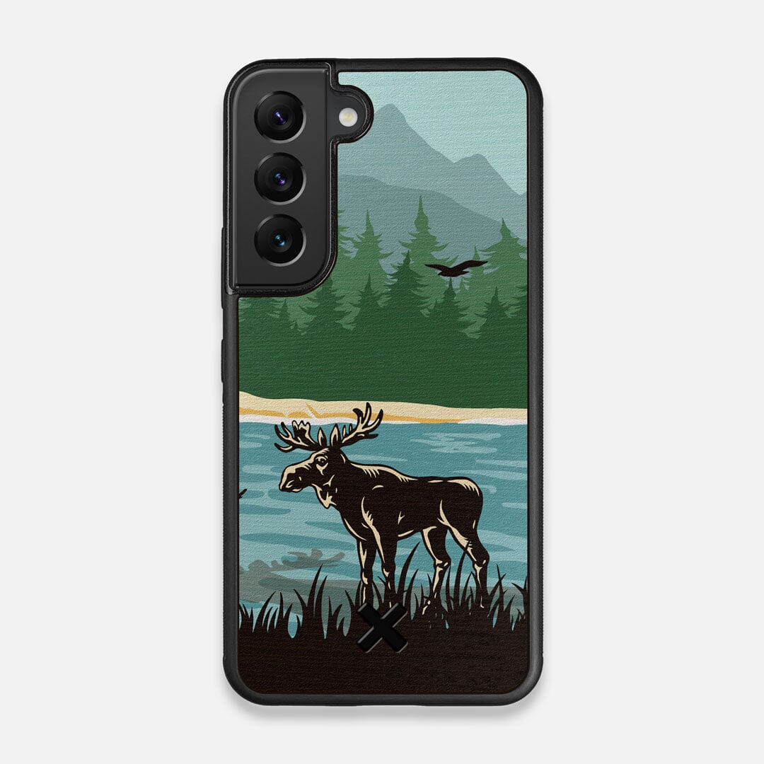 Front view of the stylized bull moose forest print on Wenge wood Galaxy S22 Case by Keyway Designs