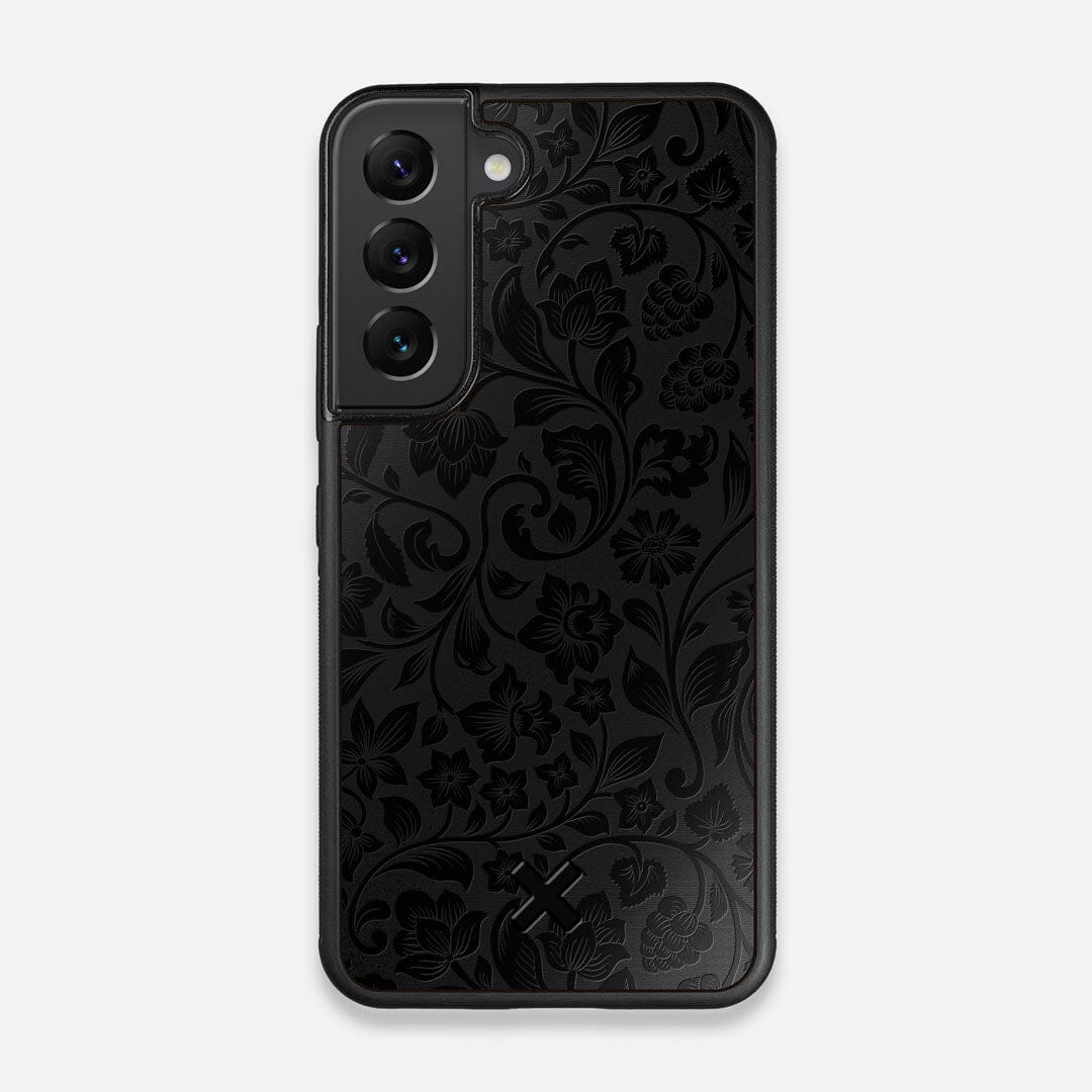 Front view of the highly detailed midnight floral engraving on matte black impact acrylic Galaxy S22 Case by Keyway Designs