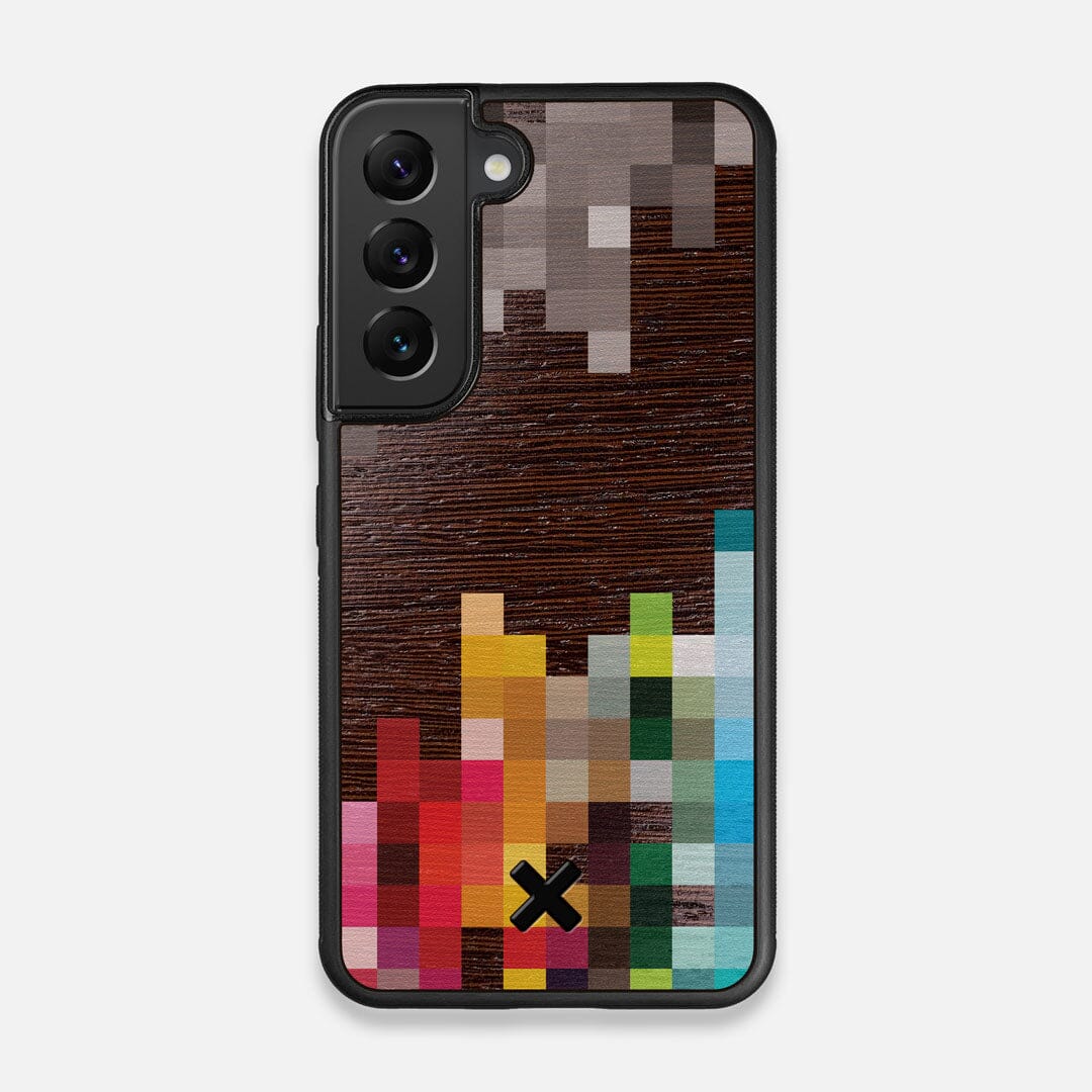 Front view of the digital art inspired pixelation design on Wenge wood Galaxy S22 Case by Keyway Designs