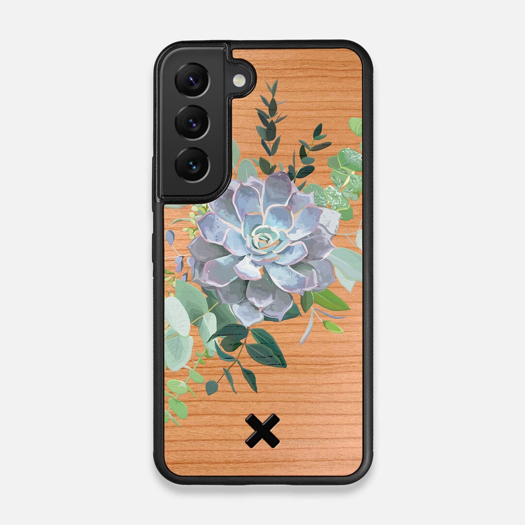 Front view of the print centering around a succulent, Echeveria Pollux on Cherry wood Galaxy S22 Case by Keyway Designs