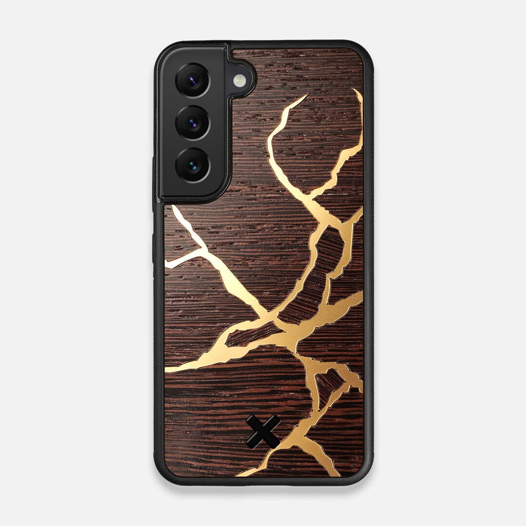 Front view of the Kintsugi inspired Gold and Wenge Wood Galaxy S22 Case by Keyway Designs