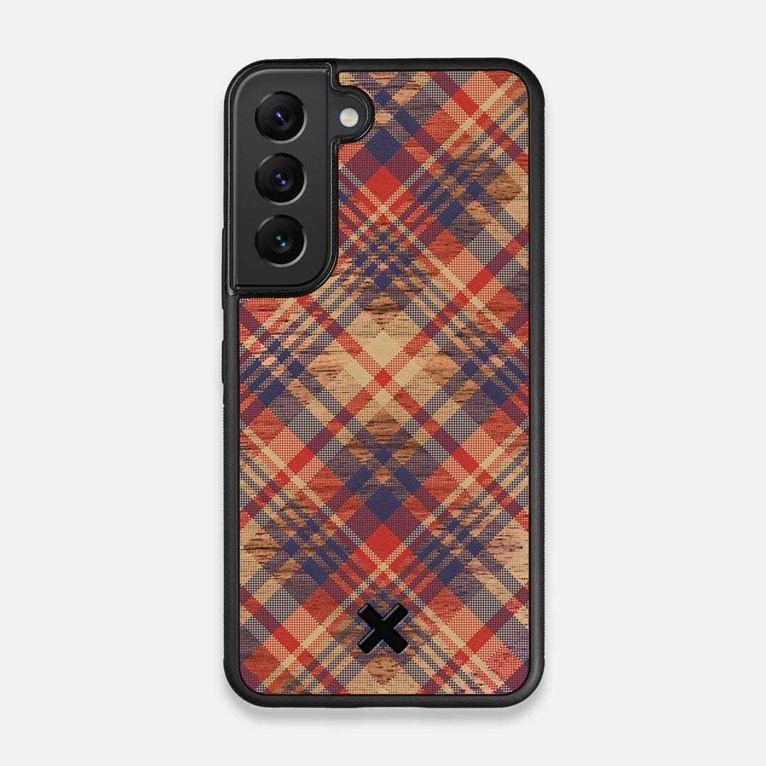 Front view of the Tartan print of beige, blue, and red on Walnut wood Galaxy S22 Case by Keyway Designs