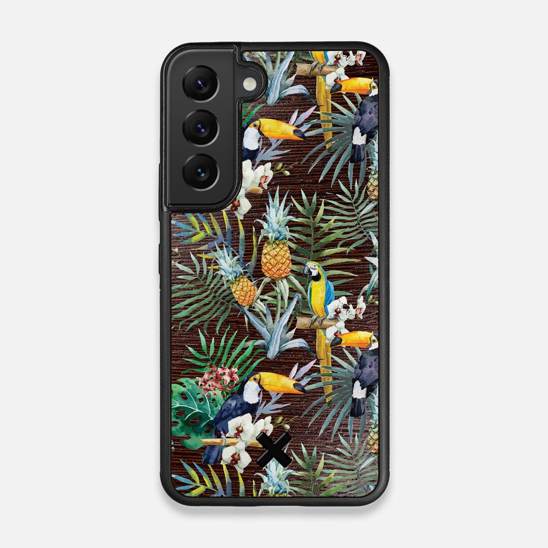Front view of the Tropic Toucan and leaf printed Wenge Wood Galaxy S22 Case by Keyway Designs