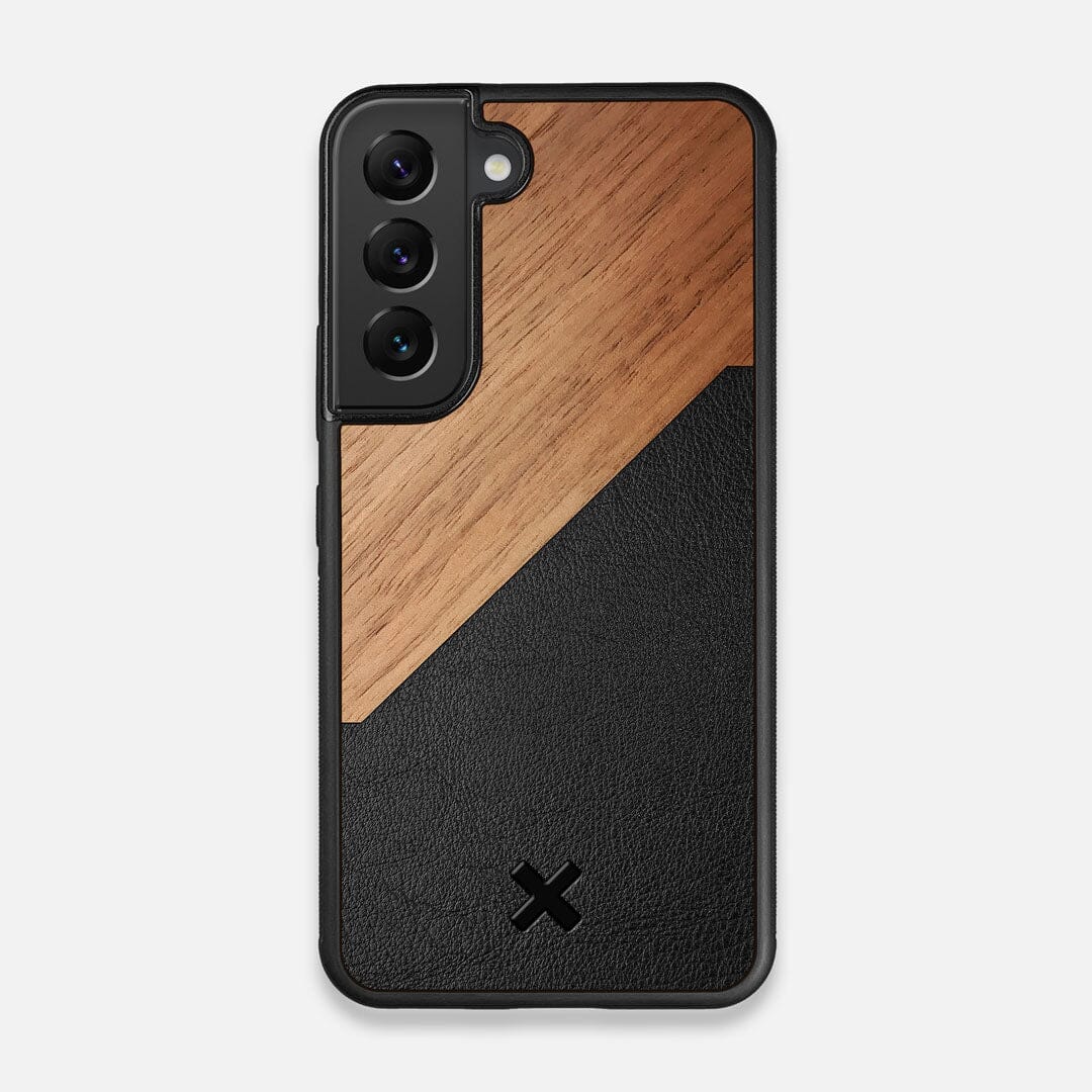 Front view of the Walnut Rift Elegant Wood & Leather Galaxy S22 Case by Keyway Designs