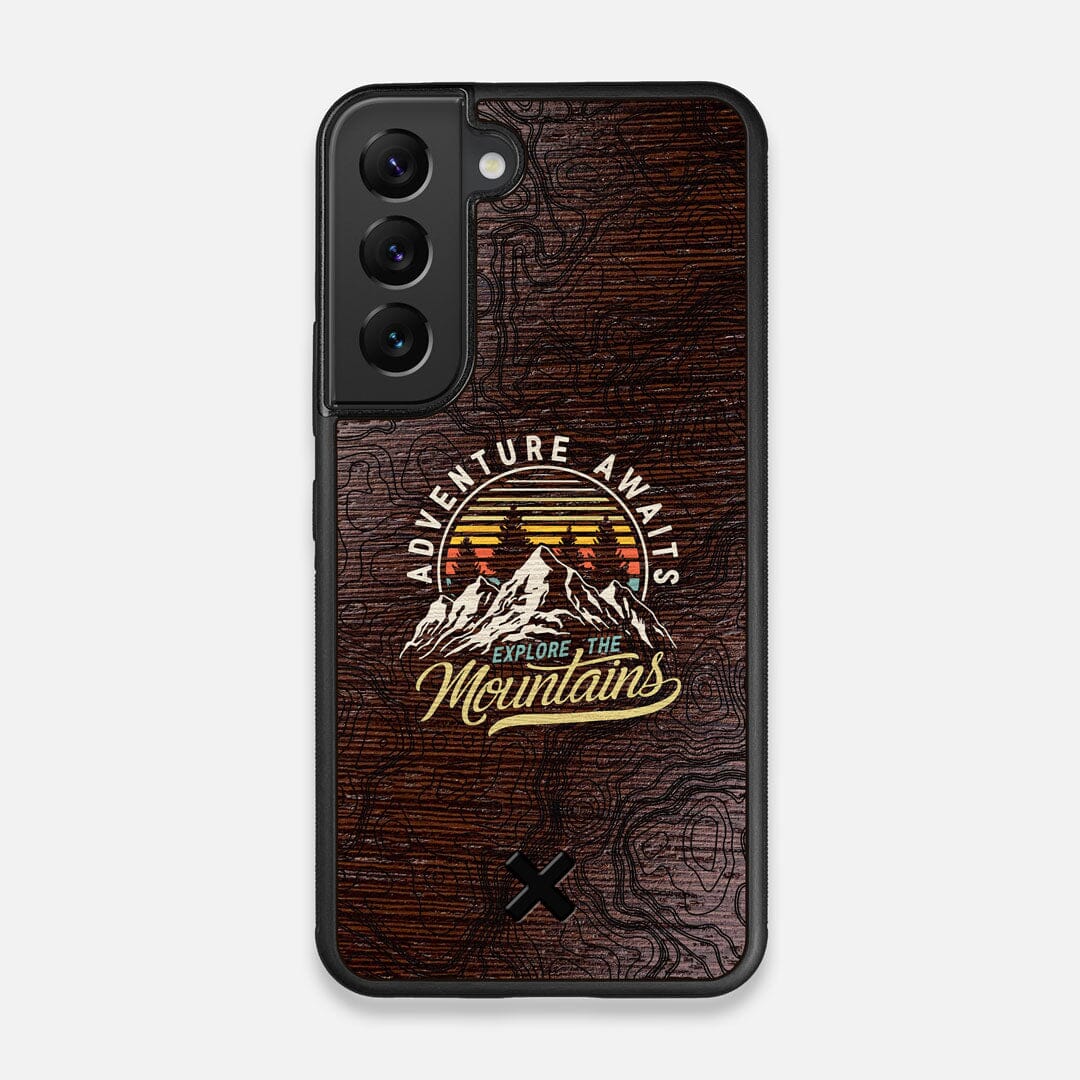 Front view of the crisp topographical map with Explorer badge printed on wenge wood Galaxy S22 Case by Keyway Designs