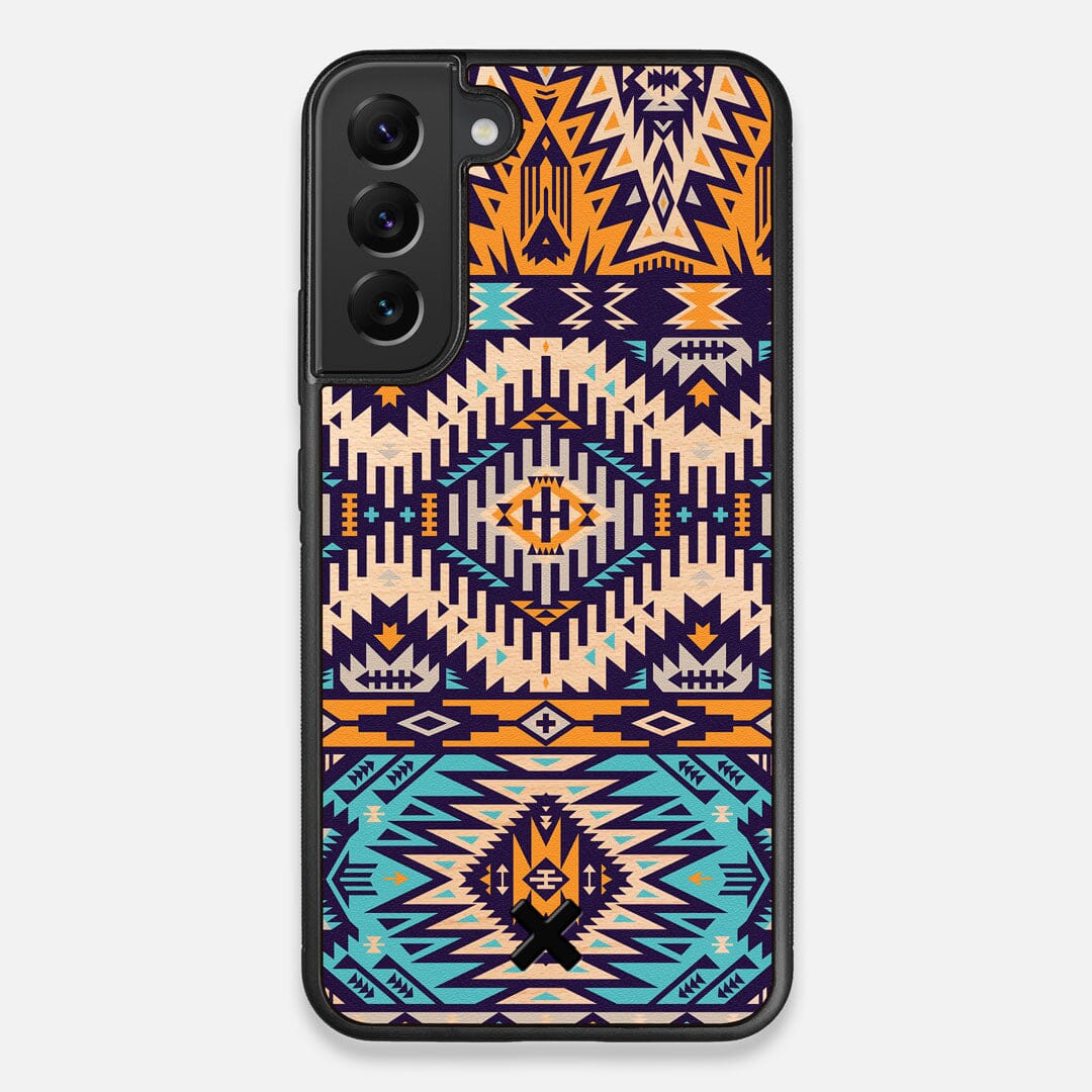 Front view of the vibrant Aztec printed Maple Wood Galaxy S22+ Case by Keyway Designs