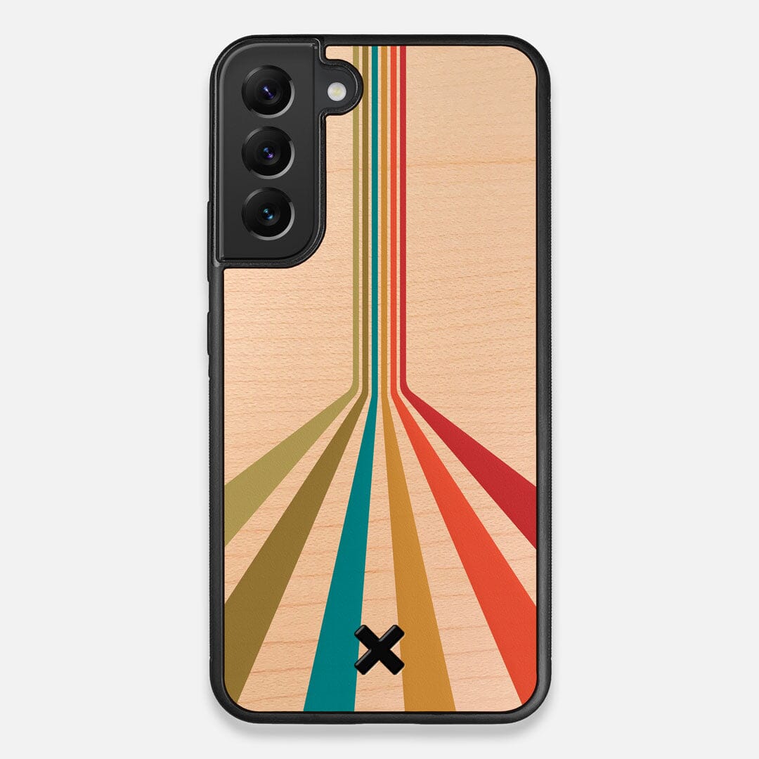 Front view of the array of colour beams splitting across the case printed on Maple wood Galaxy S22+ Case by Keyway Designs