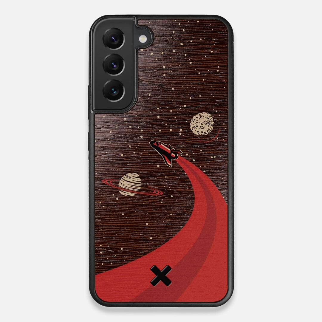 Front view of the stylized space shuttle boosting to saturn printed on Wenge wood Galaxy S22+ Case by Keyway Designs