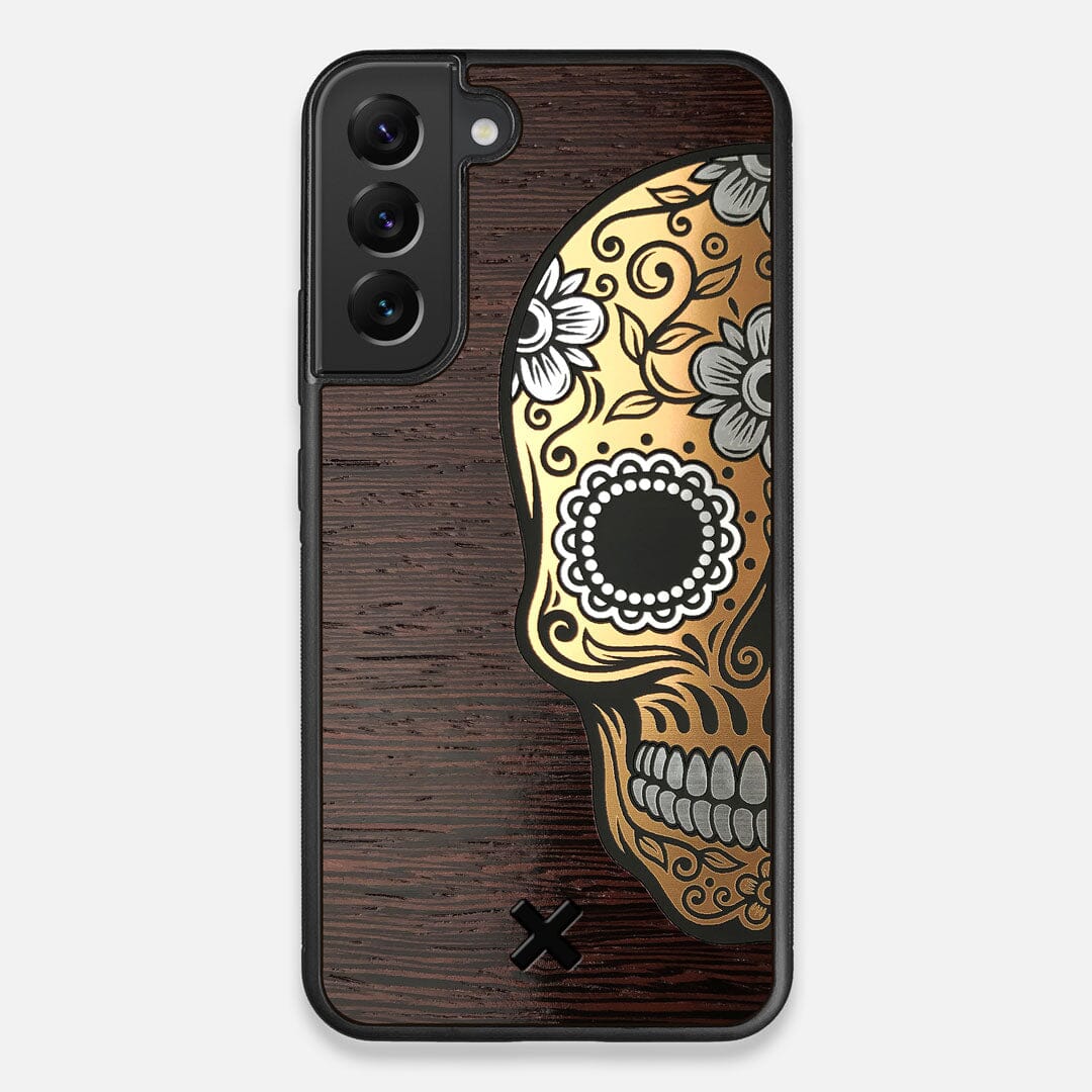Front view of the Calavera Wood Sugar Skull Wood Galaxy S22 Plus Case by Keyway Designs