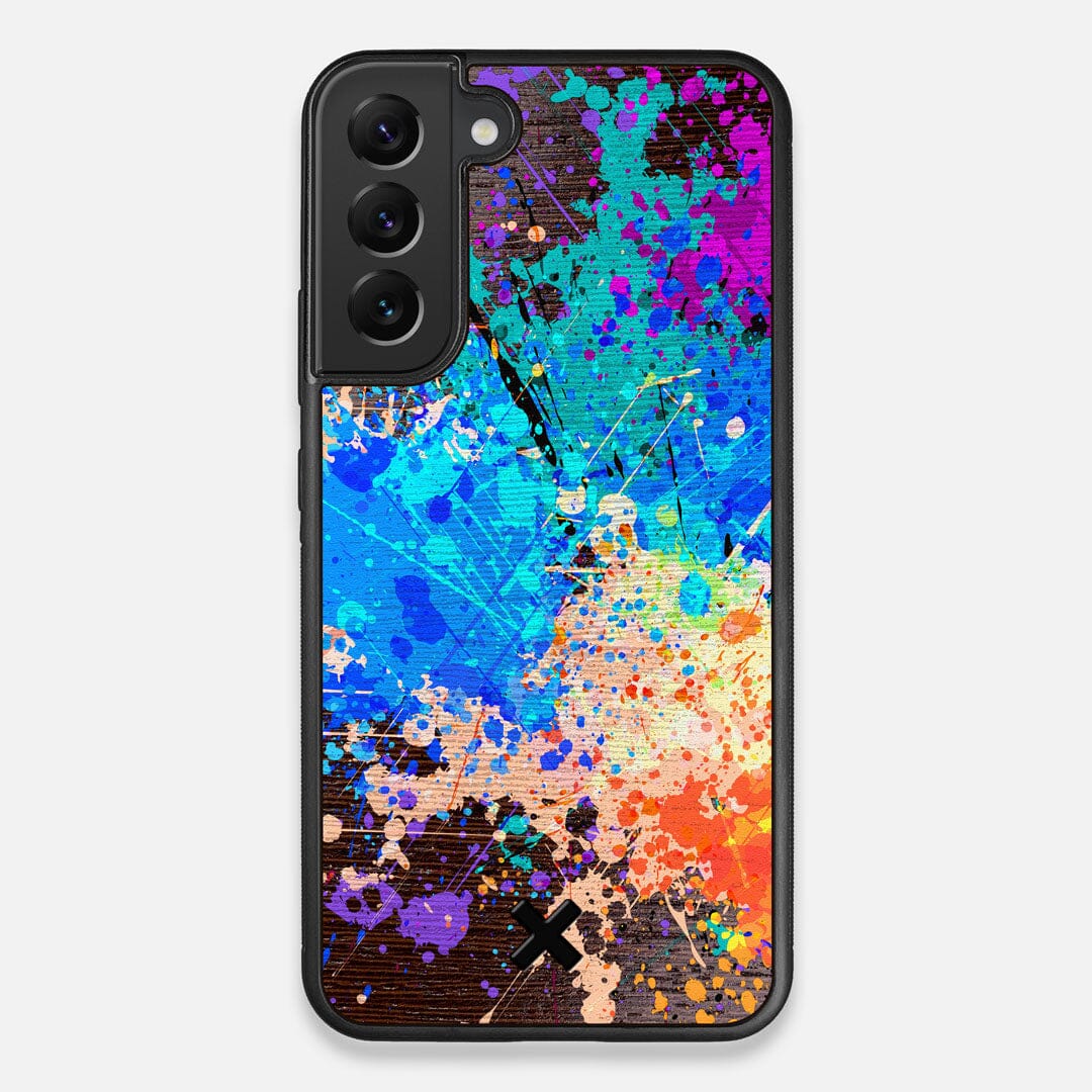 Front view of the realistic paint splatter 'Chroma' printed Wenge Wood Galaxy S22+ Case by Keyway Designs