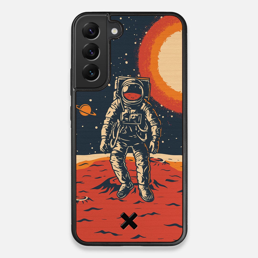 Front view of the stylized astronaut space-walk print on Cherry wood Galaxy S22+ Case by Keyway Designs