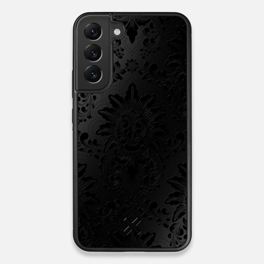 Front view of the detailed gloss Damask pattern printed on matte black impact acrylic Galaxy S22+ Case by Keyway Designs