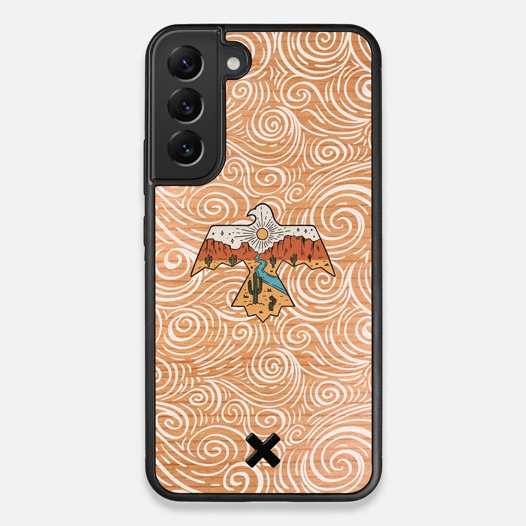 Front view of the double-exposure style eagle over flowing gusts of wind printed on Cherry wood Galaxy S22+ Case by Keyway Designs