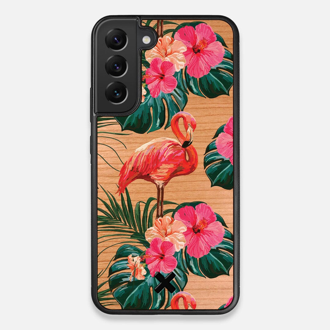 Front view of the Flamingo & Floral printed Cherry Wood Galaxy S22+ Case by Keyway Designs
