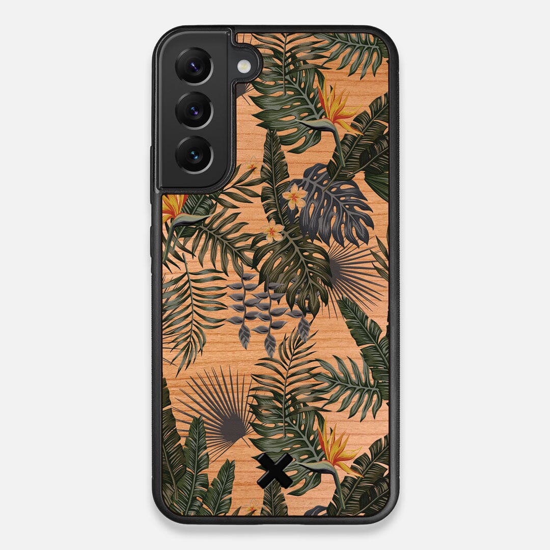 Front view of the Floral tropical leaf printed Cherry Wood Galaxy S22+ Case by Keyway Designs