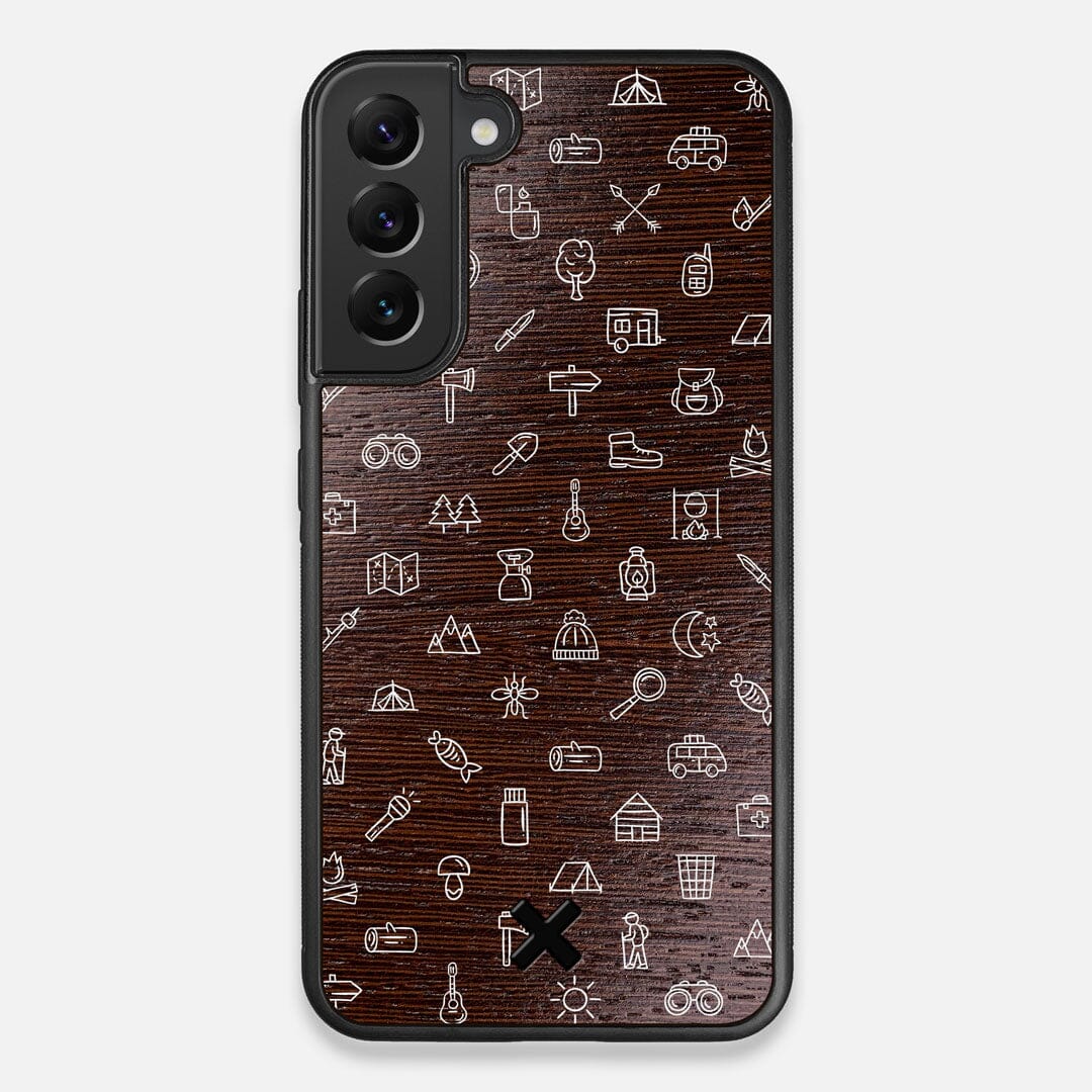 Front view of the fun detailed camping icon print on Wenge wood Galaxy S22+ Case by Keyway Designs