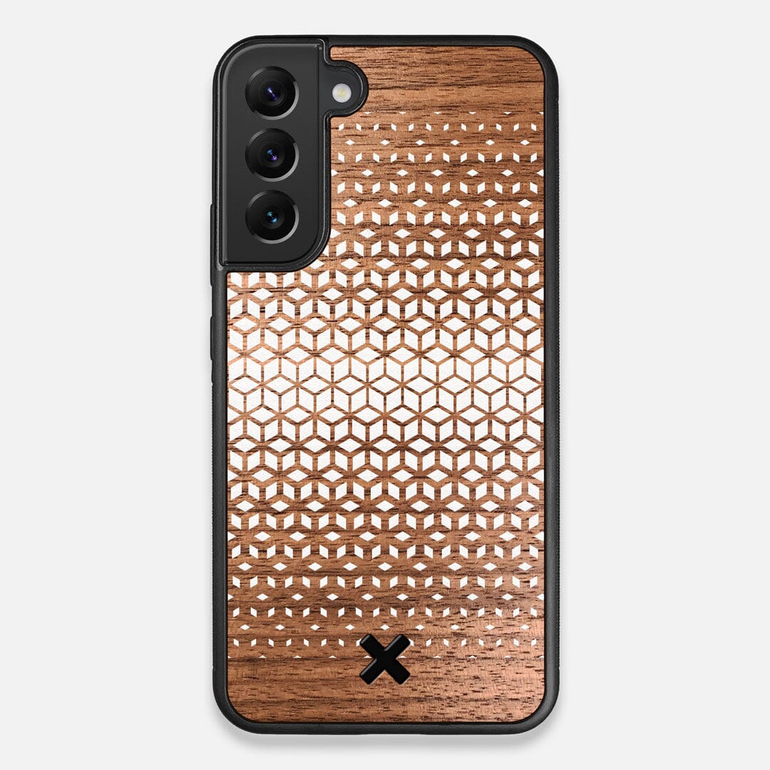 Front view of the white ink geometric gradient printed on Walnut wood Galaxy S22+ Case by Keyway Designs