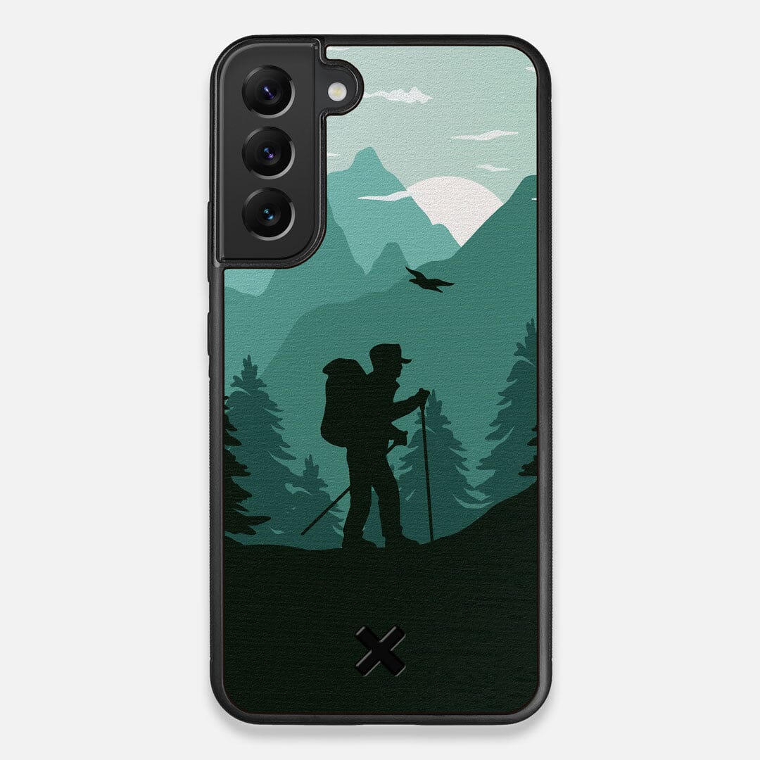 Front view of the stylized mountain hiker print on Wenge wood Galaxy S22+ Case by Keyway Designs