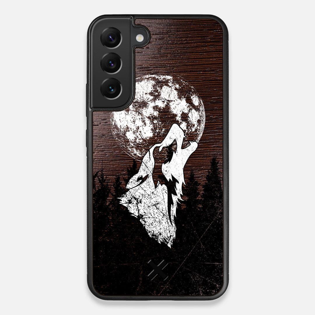 Front view of the high-contrast howling wolf on a full moon printed on a Wenge Wood Galaxy S22 Plus Case by Keyway Designs
