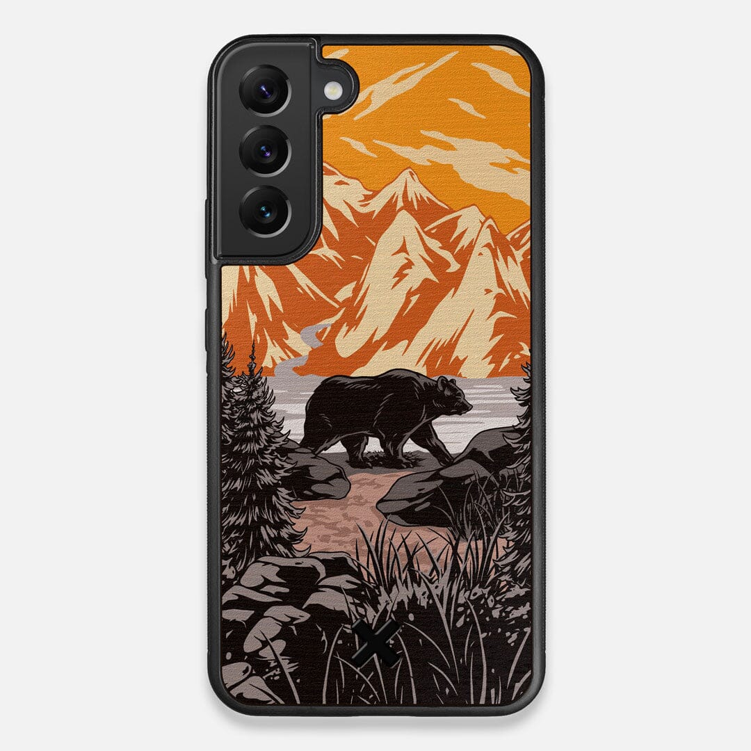 Front view of the stylized Kodiak bear in the mountains print on Wenge wood Galaxy S22+ Case by Keyway Designs