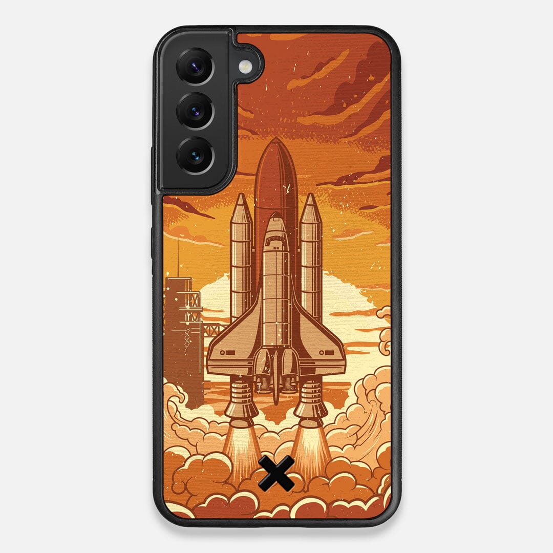 Front view of the vibrant stylized space shuttle launch print on Wenge wood Galaxy S22+ Case by Keyway Designs