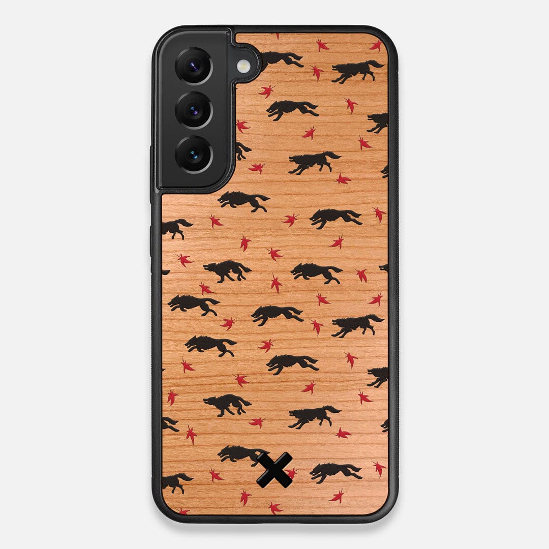 Front view of the unique pattern of wolves and Maple leaves printed on Cherry wood Galaxy S22+ Case by Keyway Designs