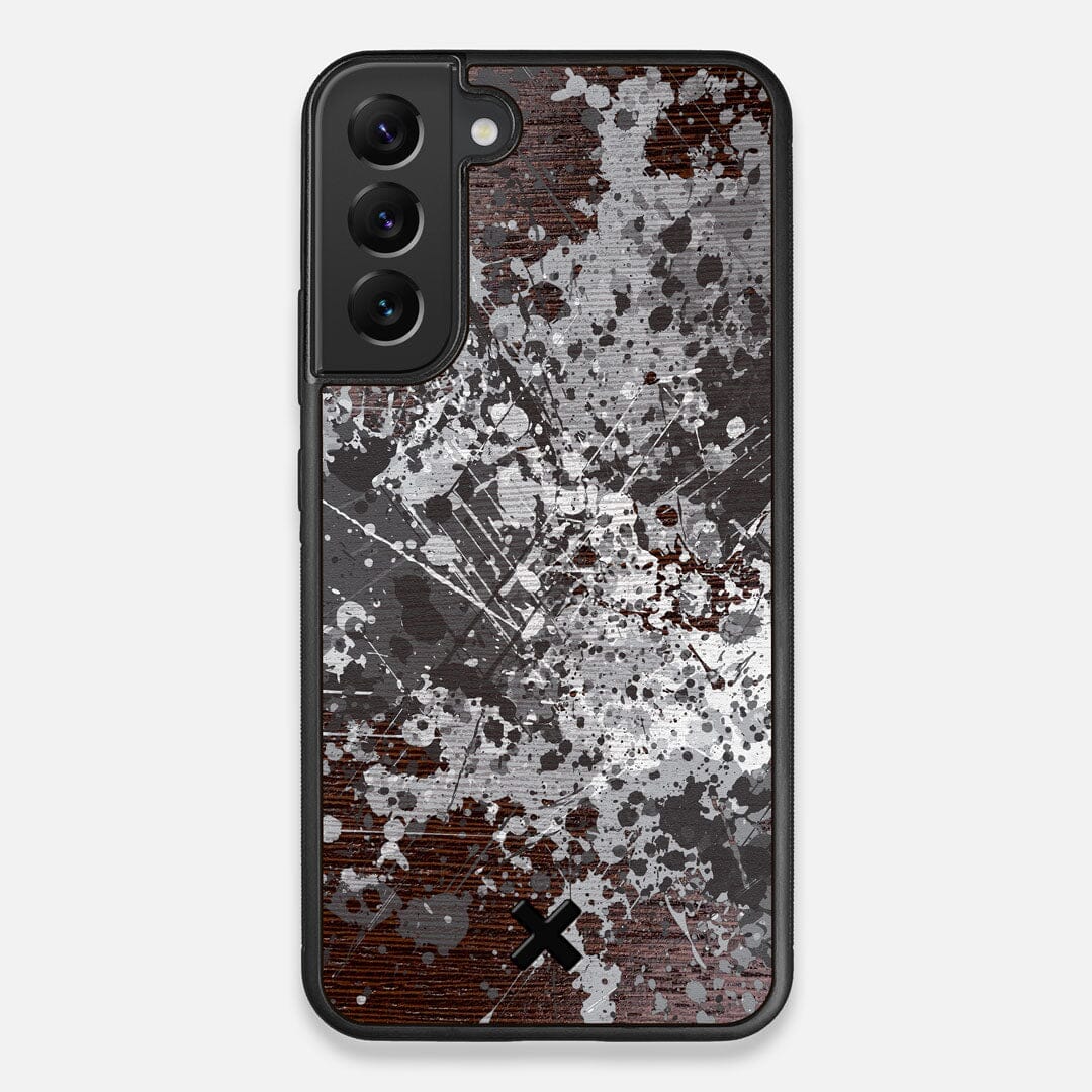 Front view of the aggressive, monochromatic splatter pattern overprintedprinted Wenge Wood Galaxy S22+ Case by Keyway Designs