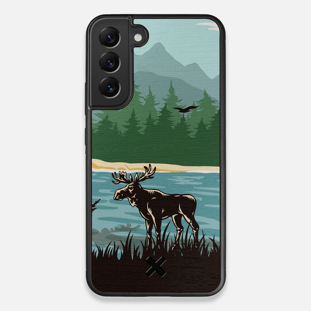 Front view of the stylized bull moose forest print on Wenge wood Galaxy S22+ Case by Keyway Designs